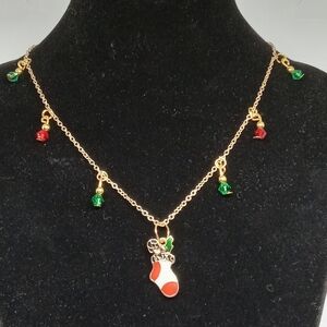 Hand Crafted Festive Gold Necklace with Red and Green Charms